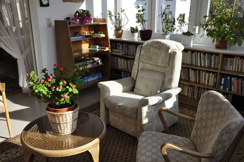 Bücherregale und zwei Sessel in einem hellen Raum