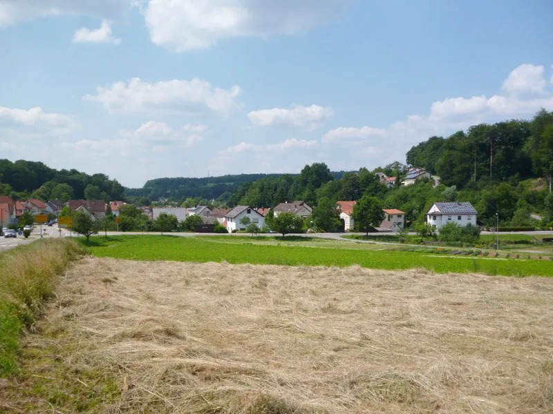 Abgeerntetes Feld, dahinter Häuser und Wald